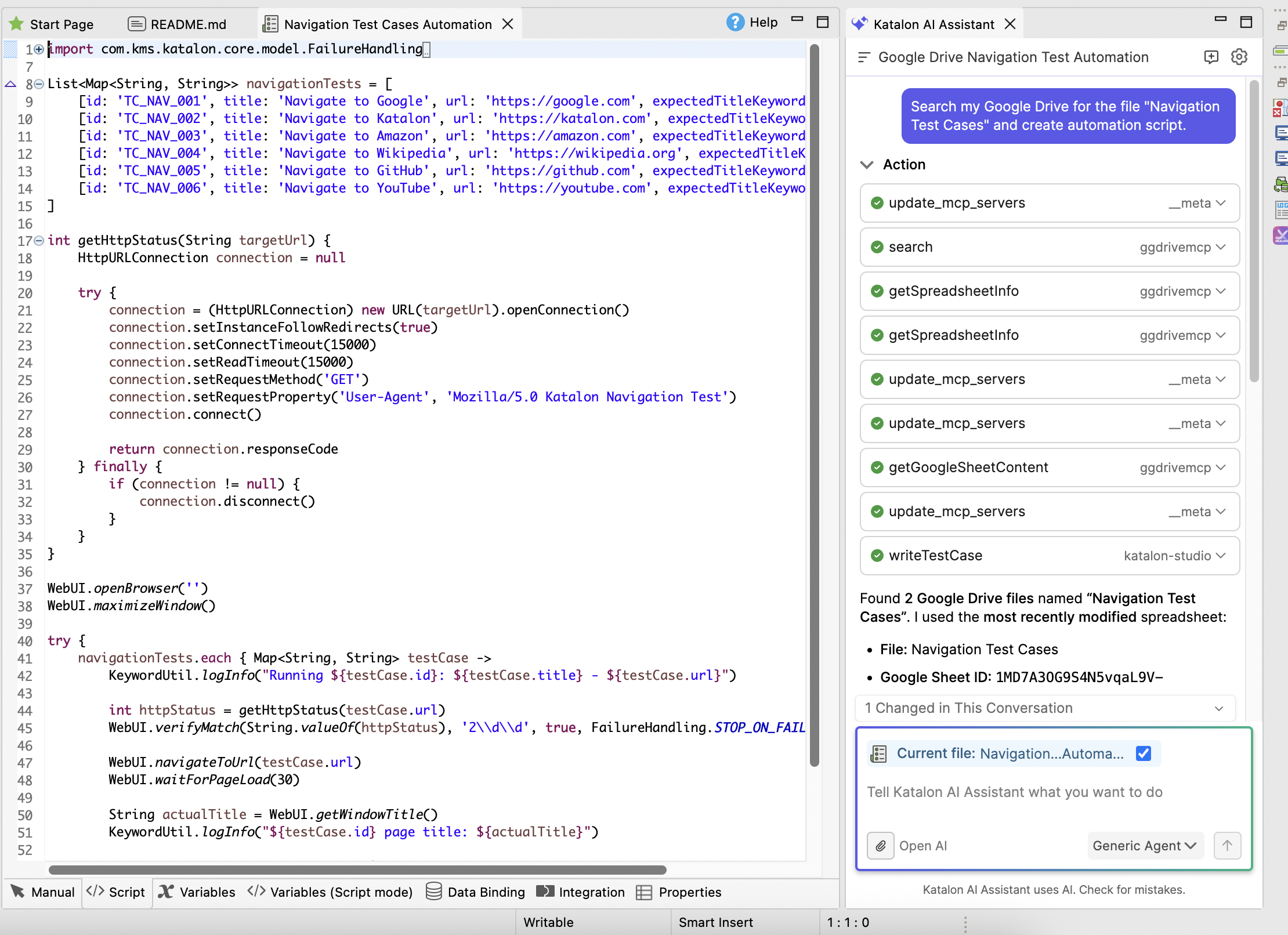 Katalon AI Assistant reads a Google Drive spreadsheet and generates a test case and test data in Katalon Studio