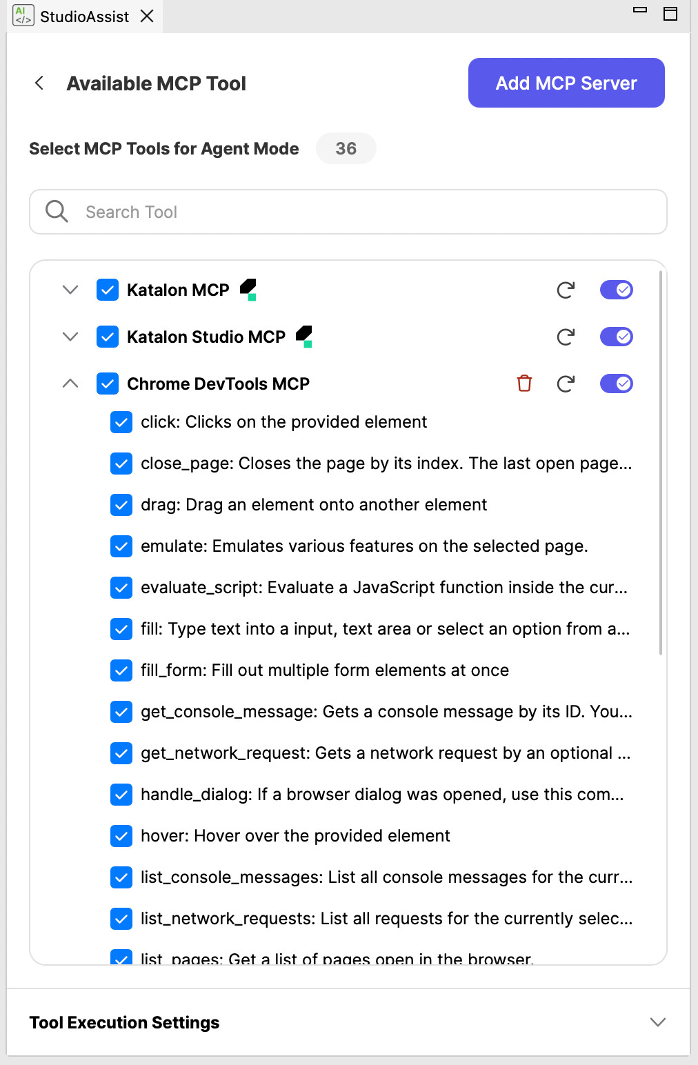 katalon studio chrome devtools mcp server tool list