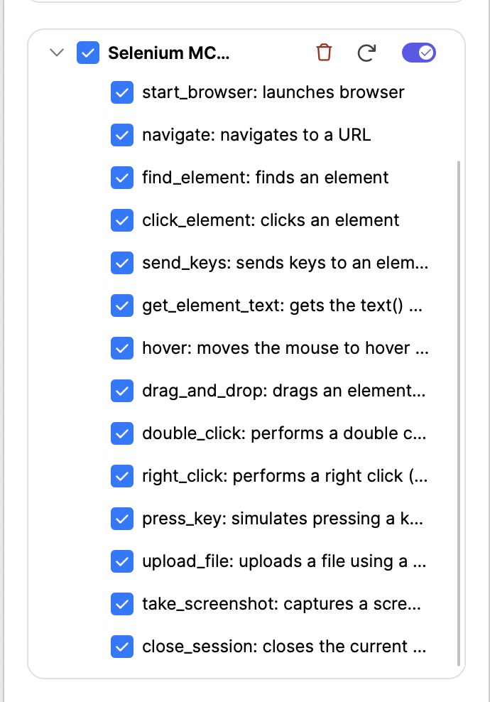 selenium MCP server tool list