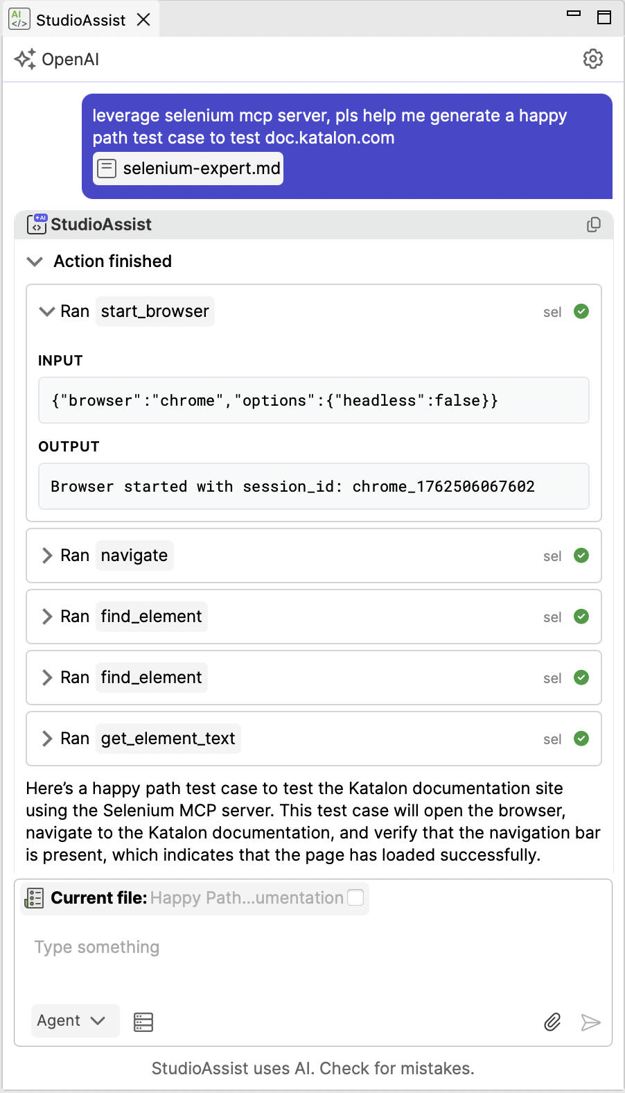 studioassist advanced use case selenium mcp server prompt