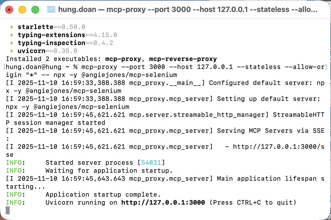 terminal hosting selenium mcp server informing message