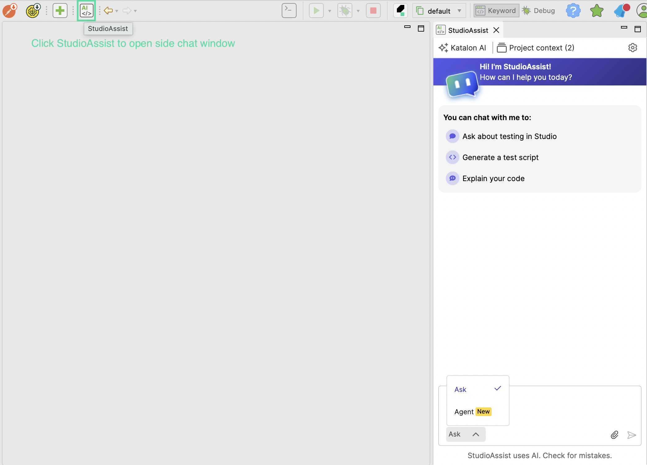 katalon studio studioassist chat window