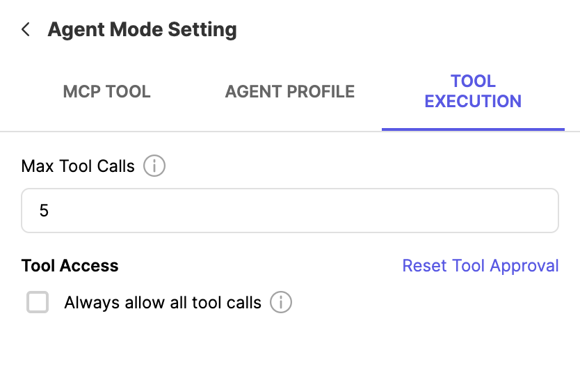 settings box for agent mode behavior when using mcp servers