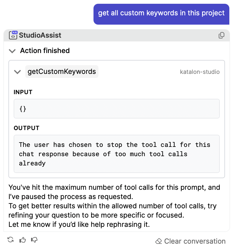 prompt that says the AI agent reached max tool call