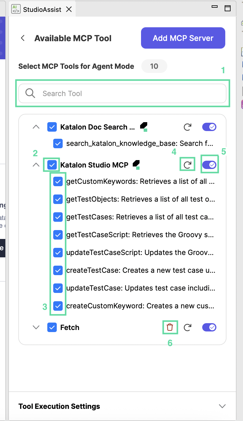 features and buttons for configuring MCP servers and tools