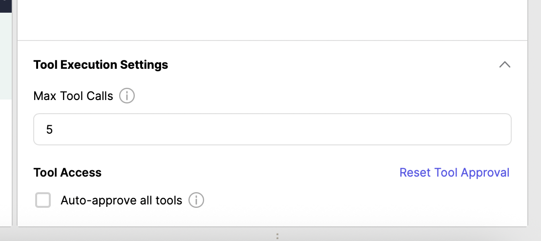 settings box for agent mode behavior when using mcp servers