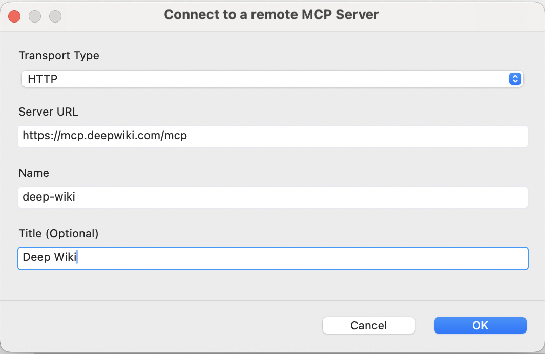 prompt with fields for adding an MCP server