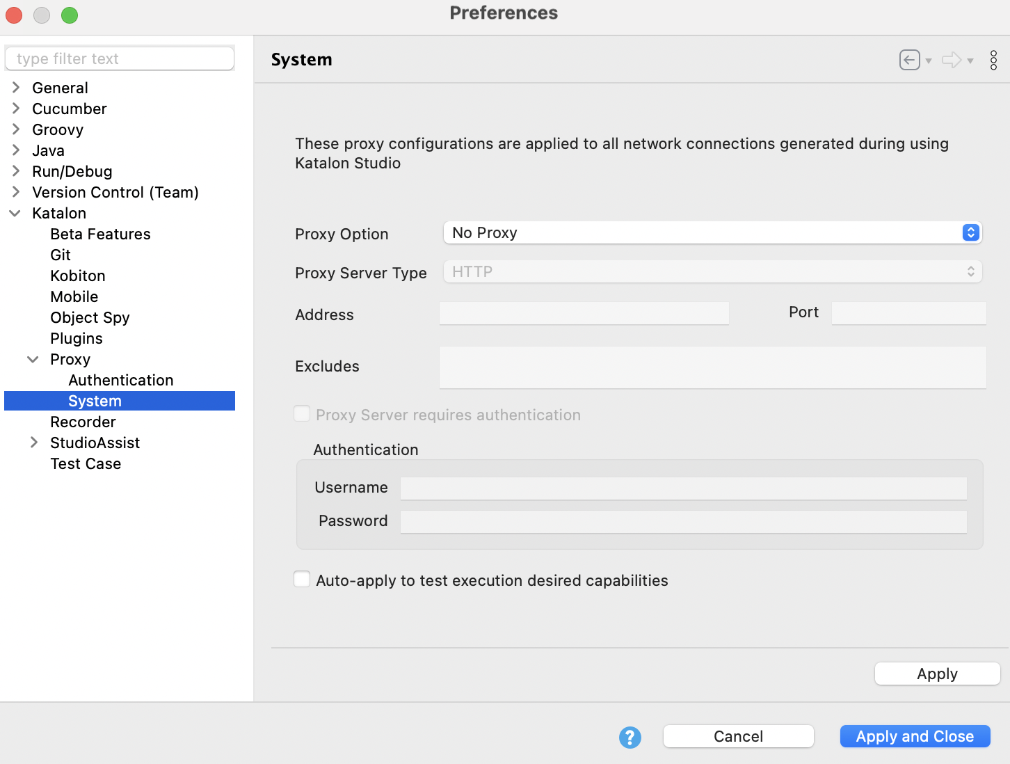 Uncheck the Auto-apply to test execution desired capabilities