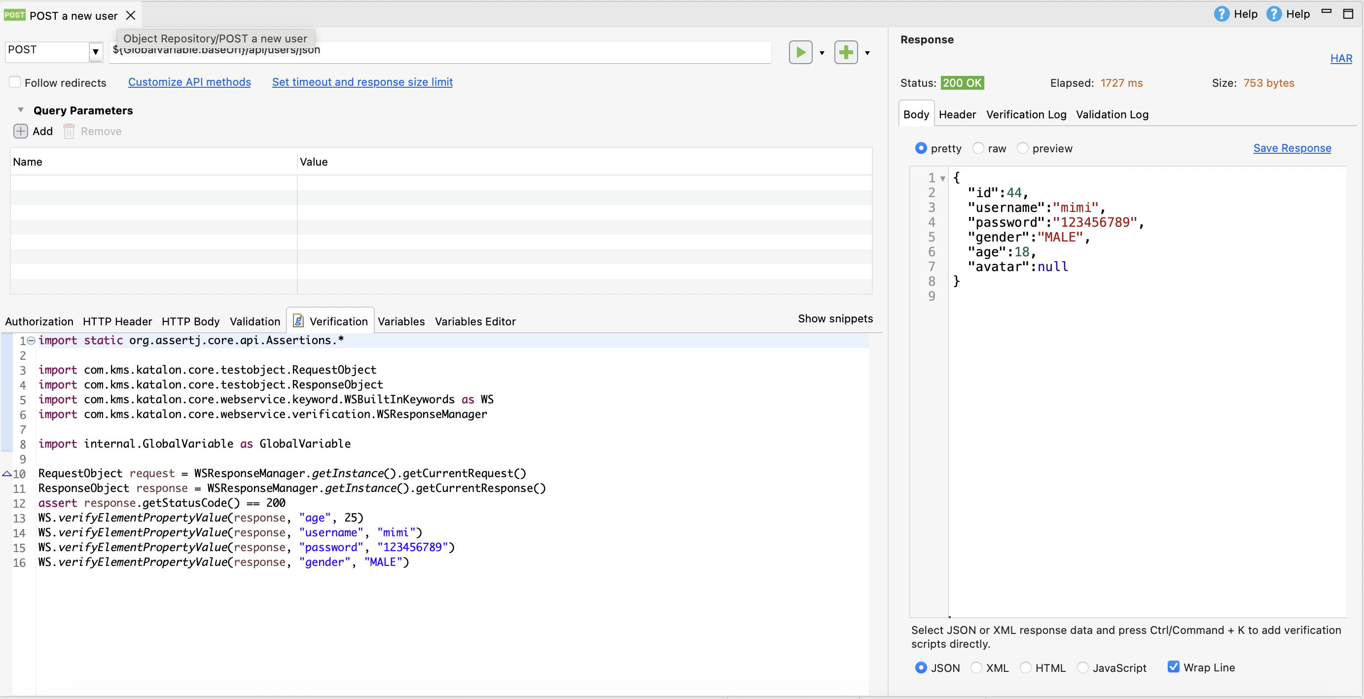 verify data of JSON response body