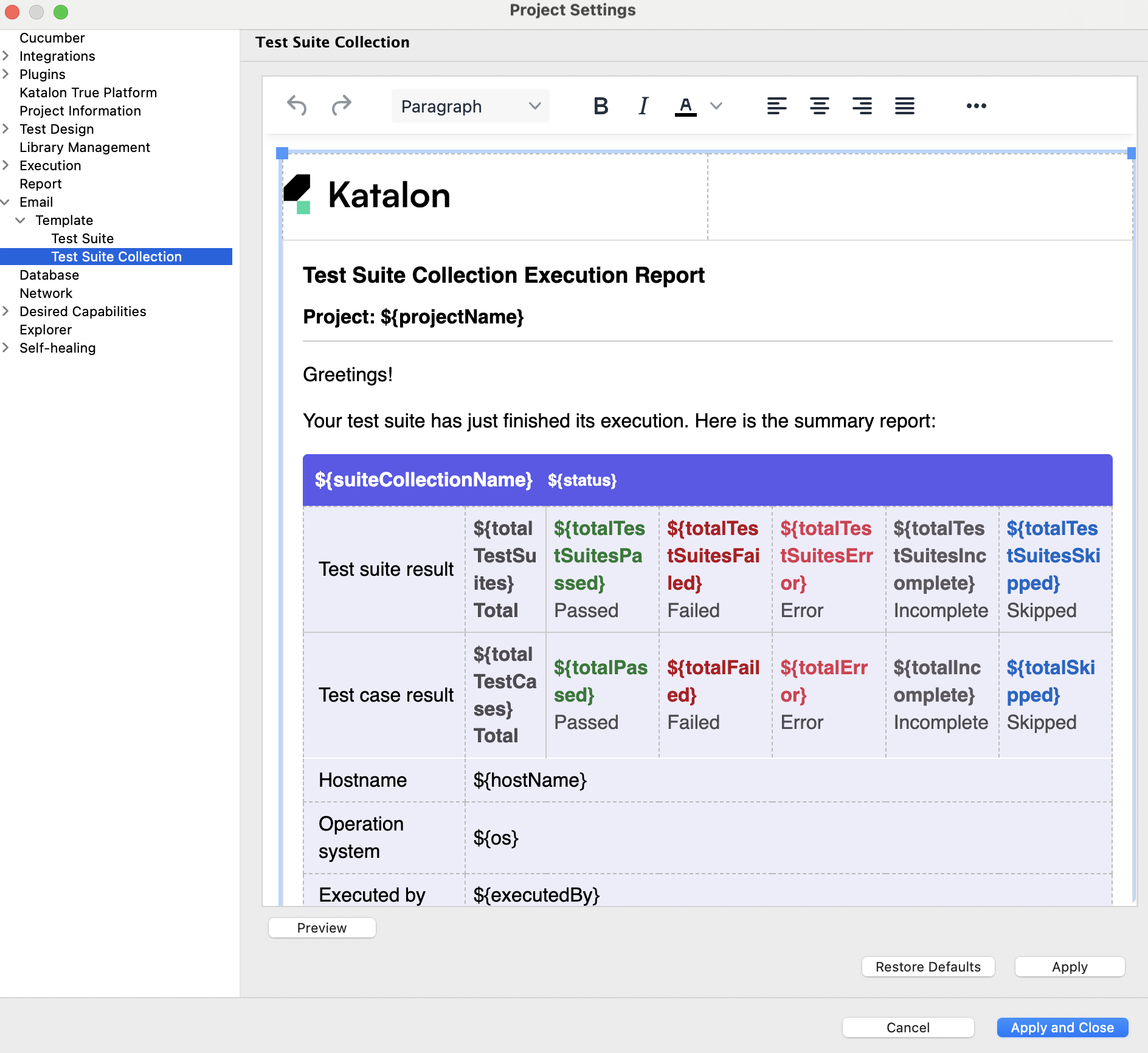 Customize Test Suite Collection email report from Test Suite settings