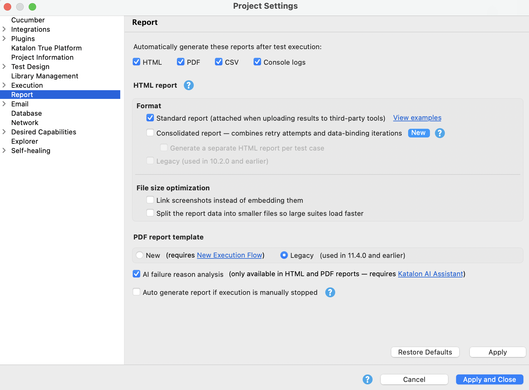 Report settings in Katalon Studio 11.5.0
