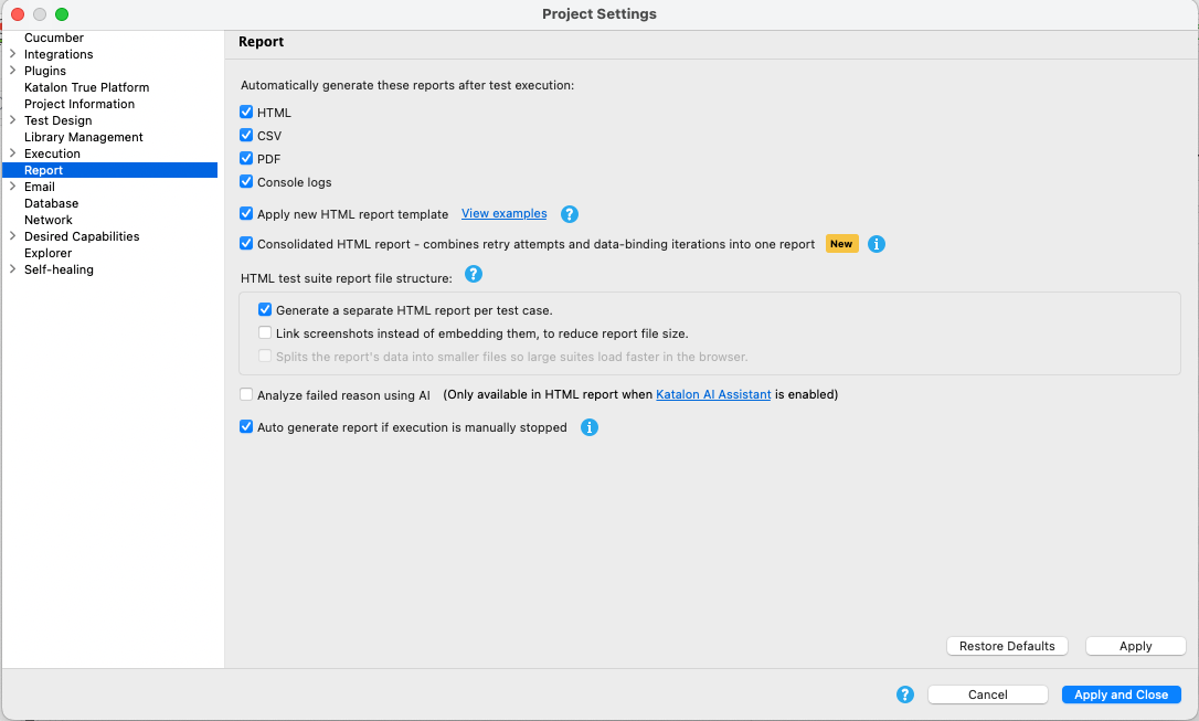 Report settings with the auto generate report option selected