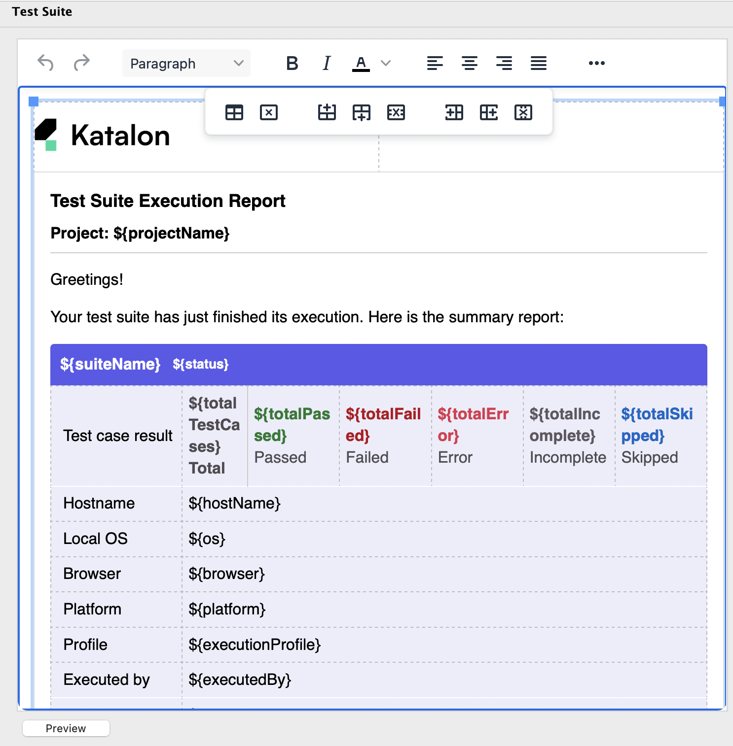 Customize Test Suite email report from Test Suite settings