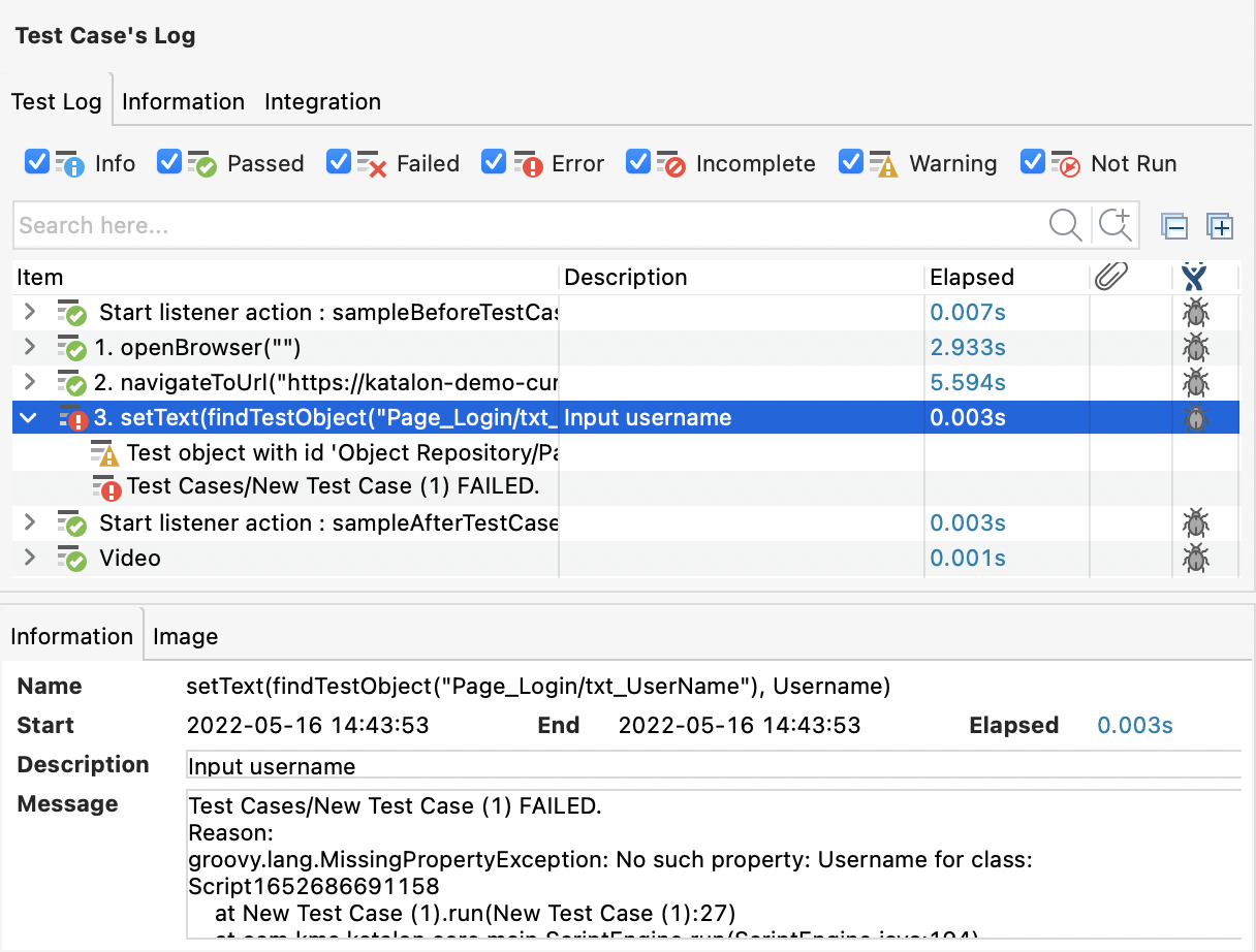 Test Log tab