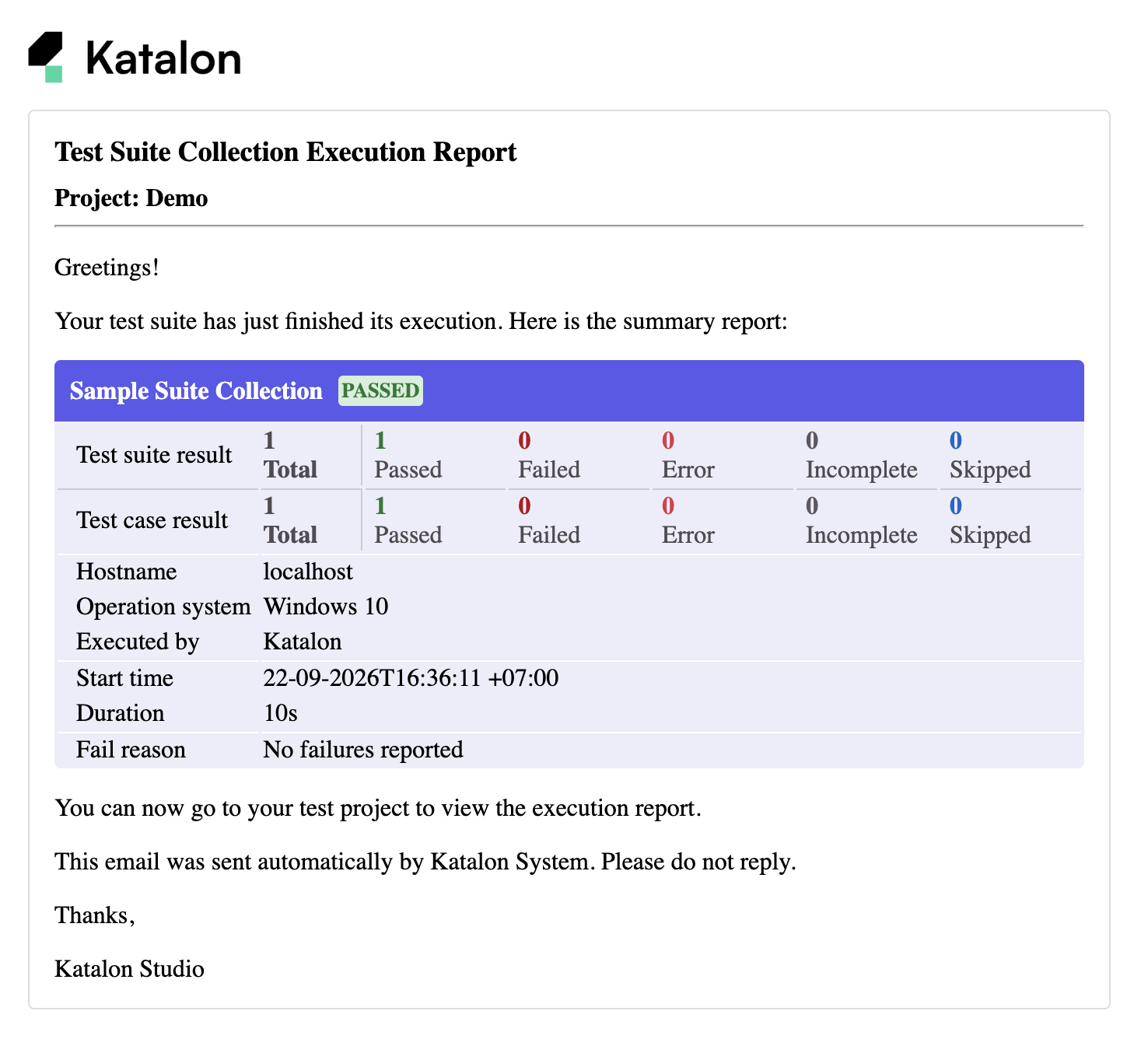 View a preview of the Test Suite Collection Execution email report