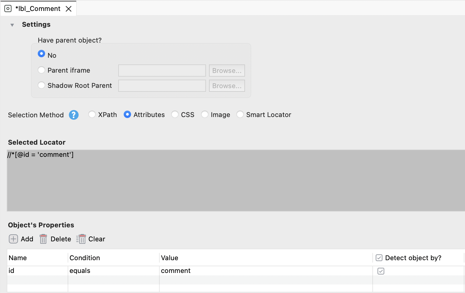 The test object editor