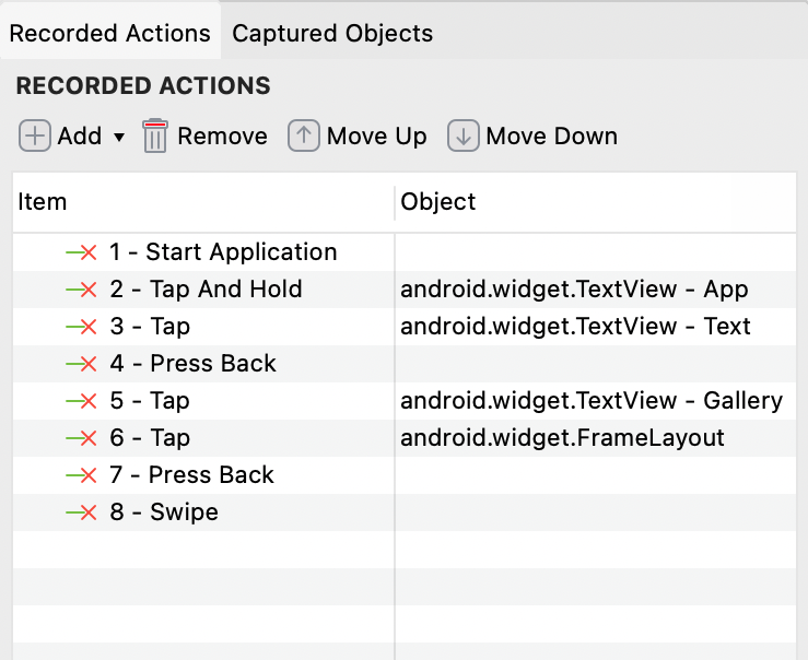 Recorded actions table