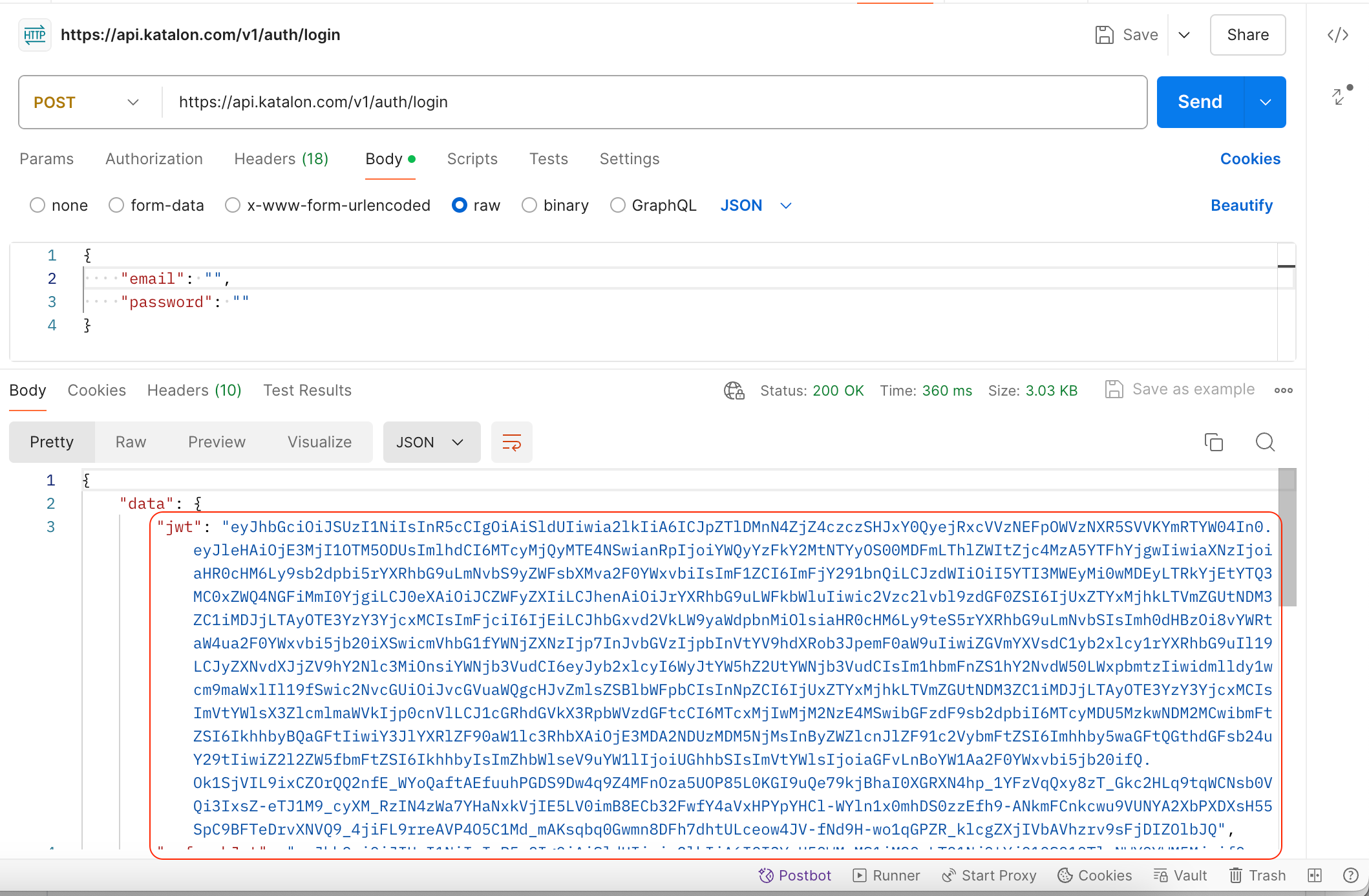 Katalon API token example