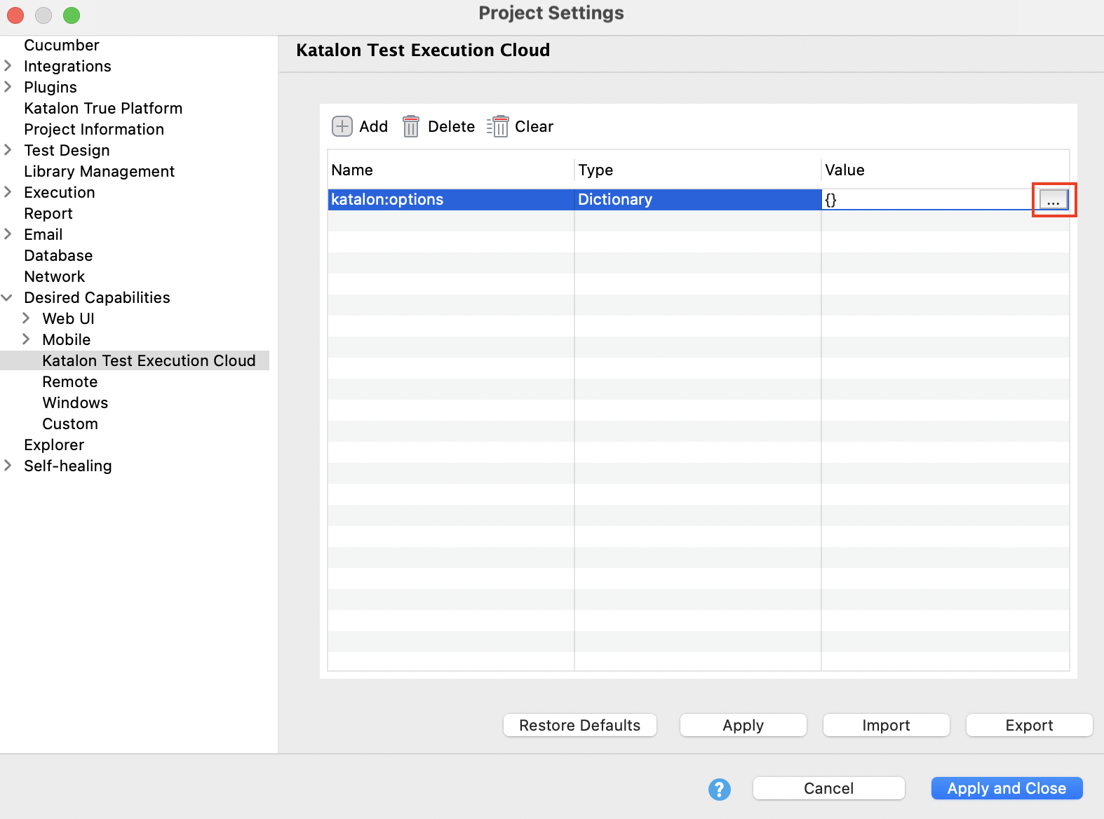 Cloud Execution desired capabilities settings