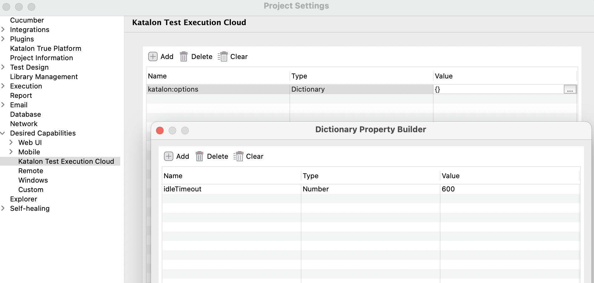 Configure idle timeout desired capability