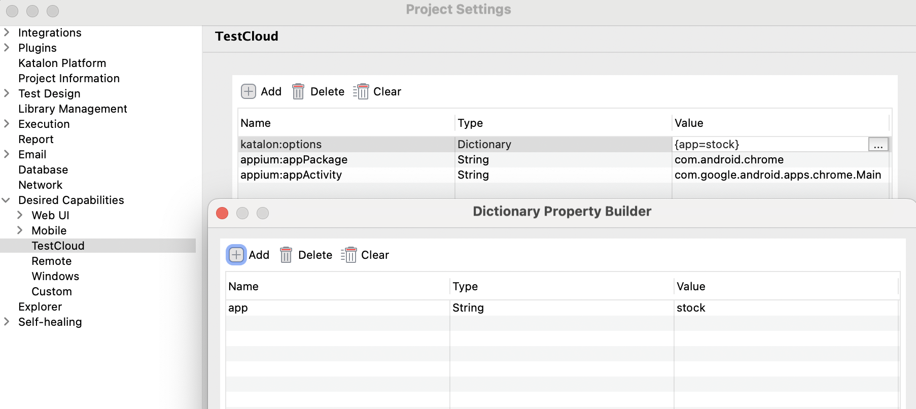 Set desired caps for Android