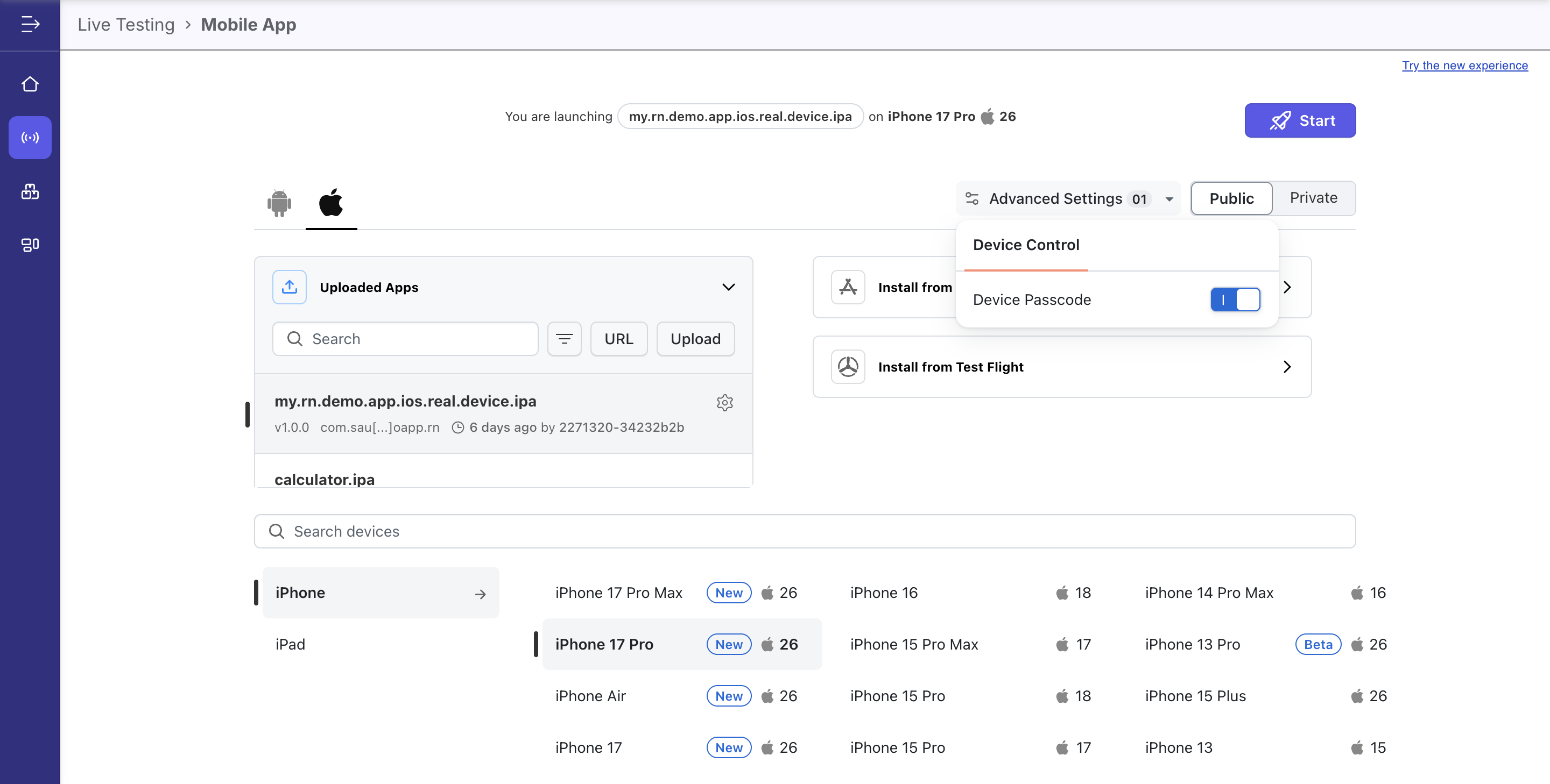 Enable device passcode toggle