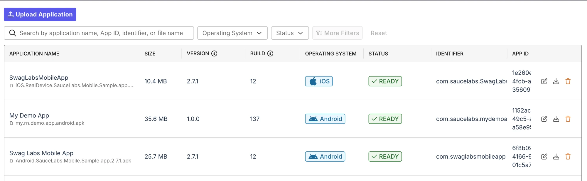 Applications list with the Upload Application button, a search box for application name, App ID, identifier, or file name, and Operating System and Status filters