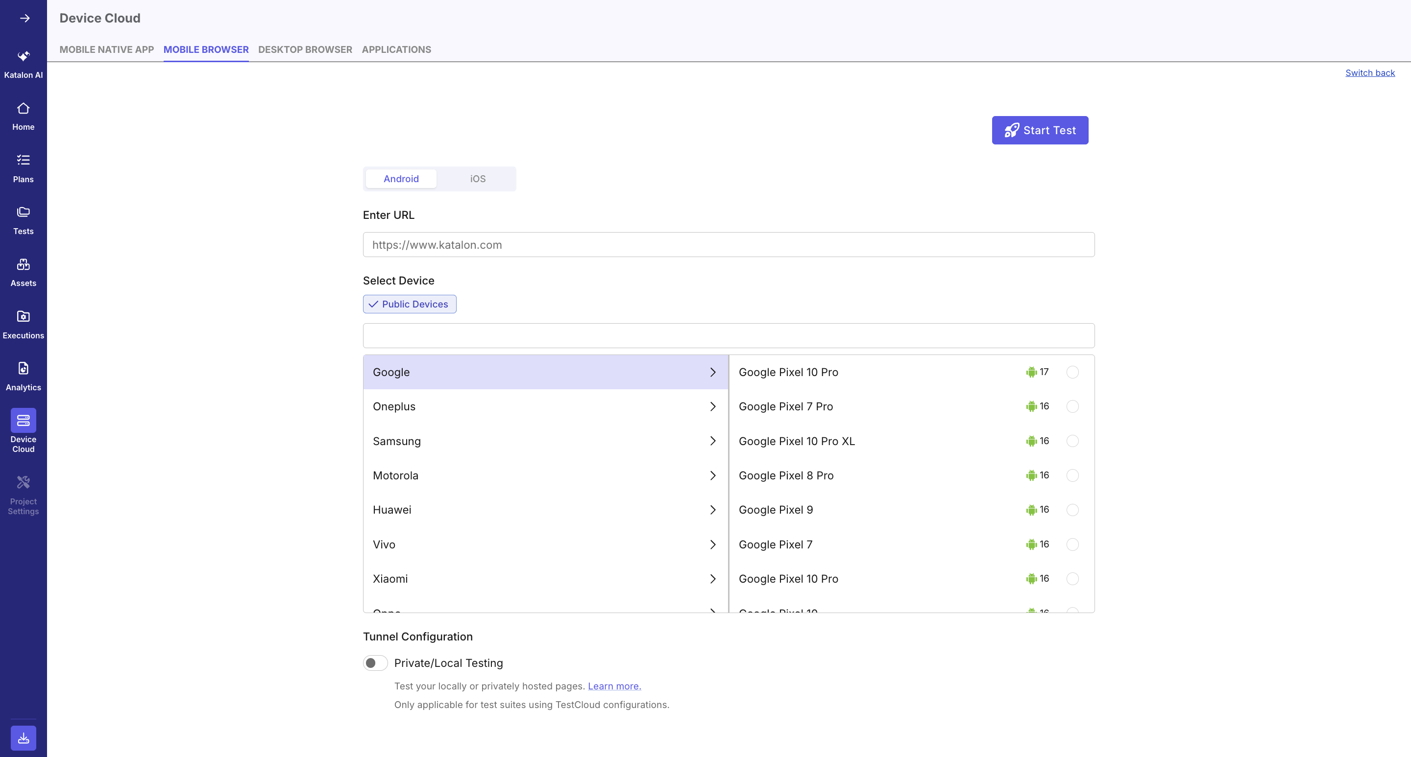 Live mobile browser test configuration page