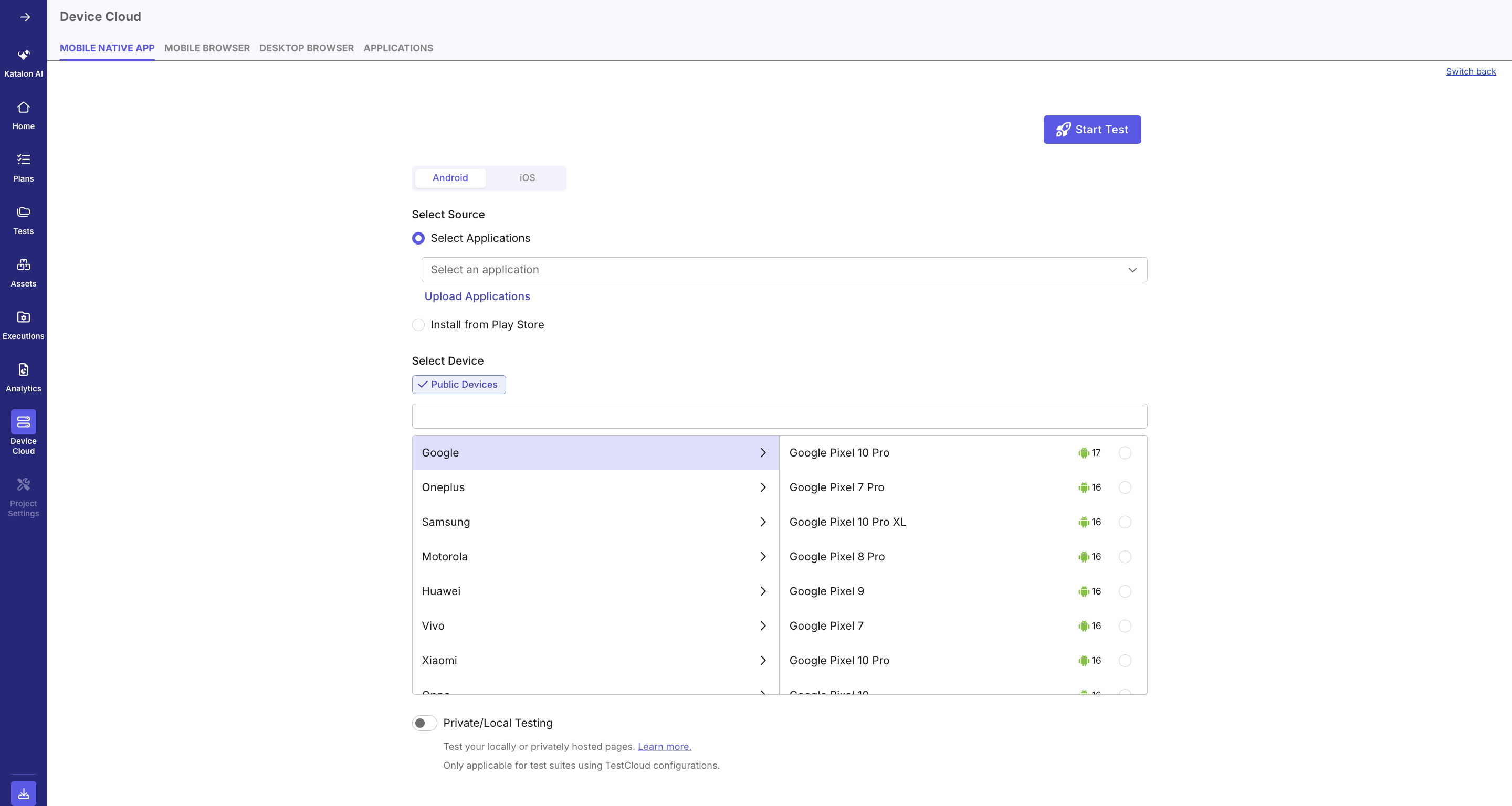 Live mobile app configuration page