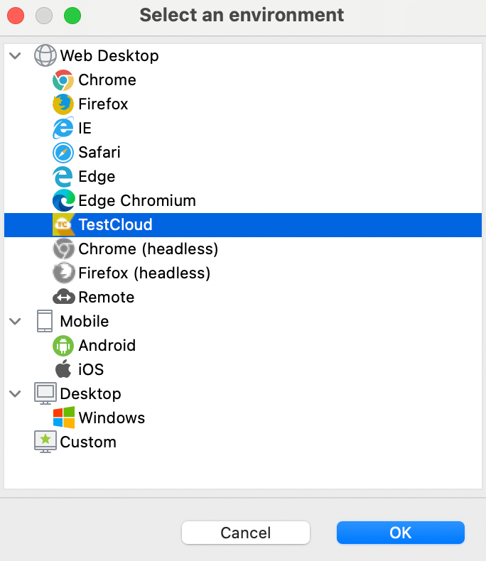 TestCloud configuration dialog
