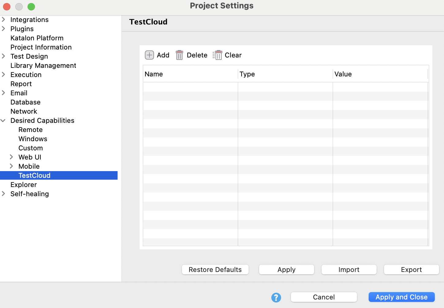 TestCloud desired capabilities table