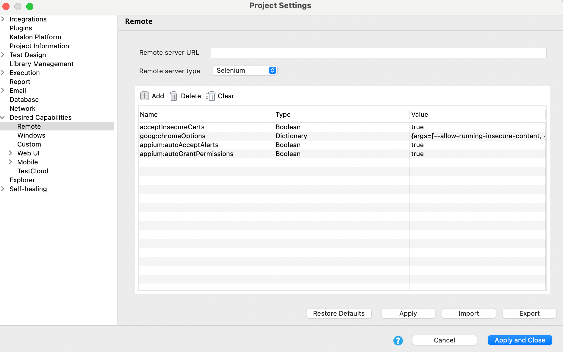 Remote desired caps settings
