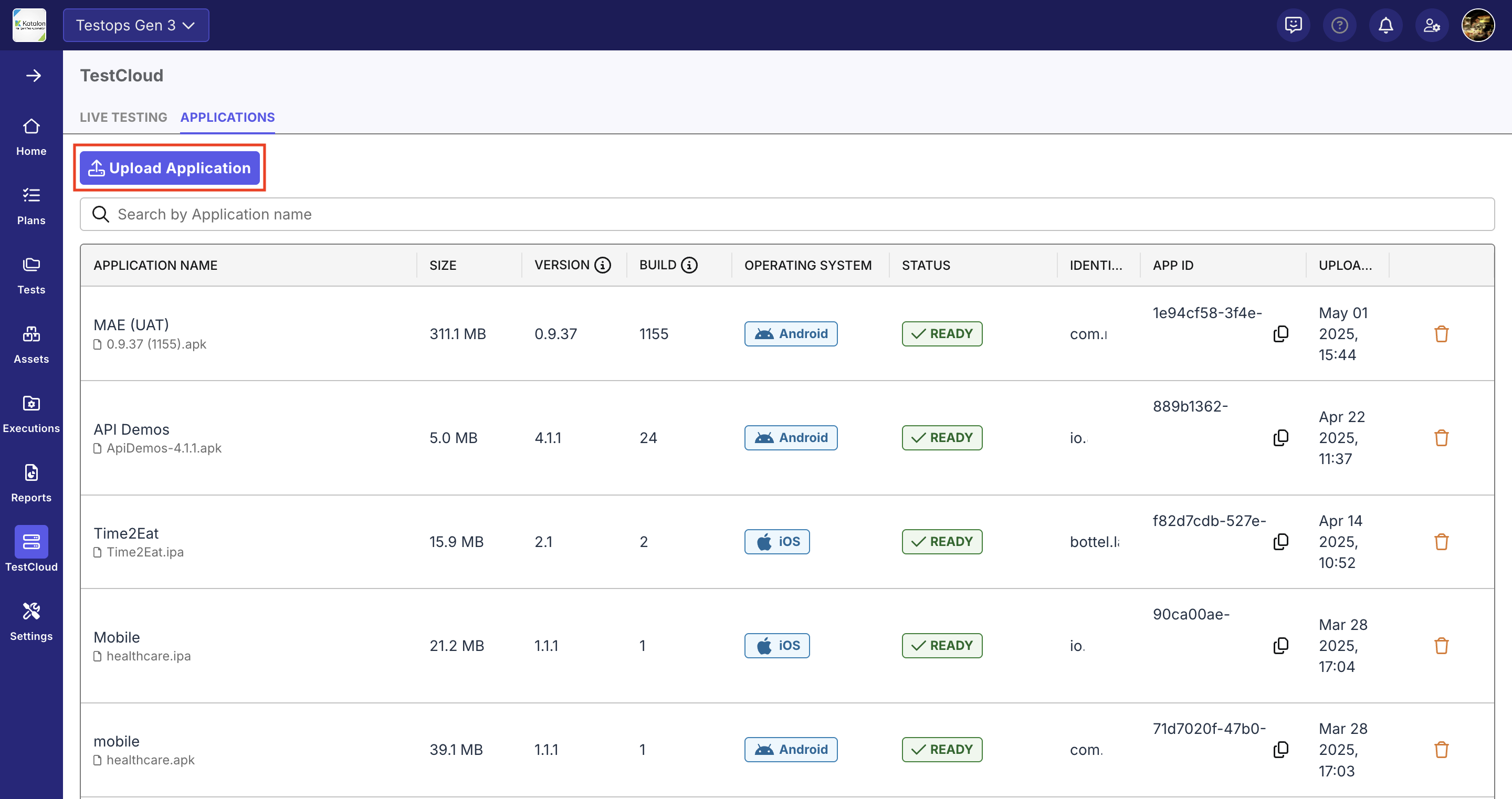 Upload application screen