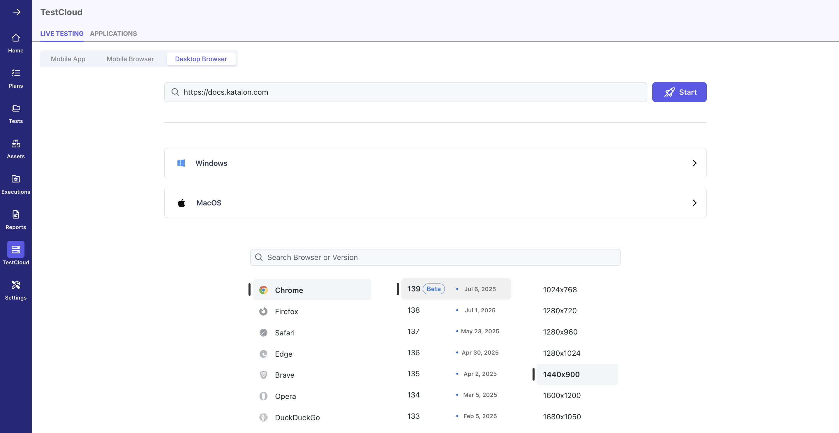 Live mobile app test configuration page