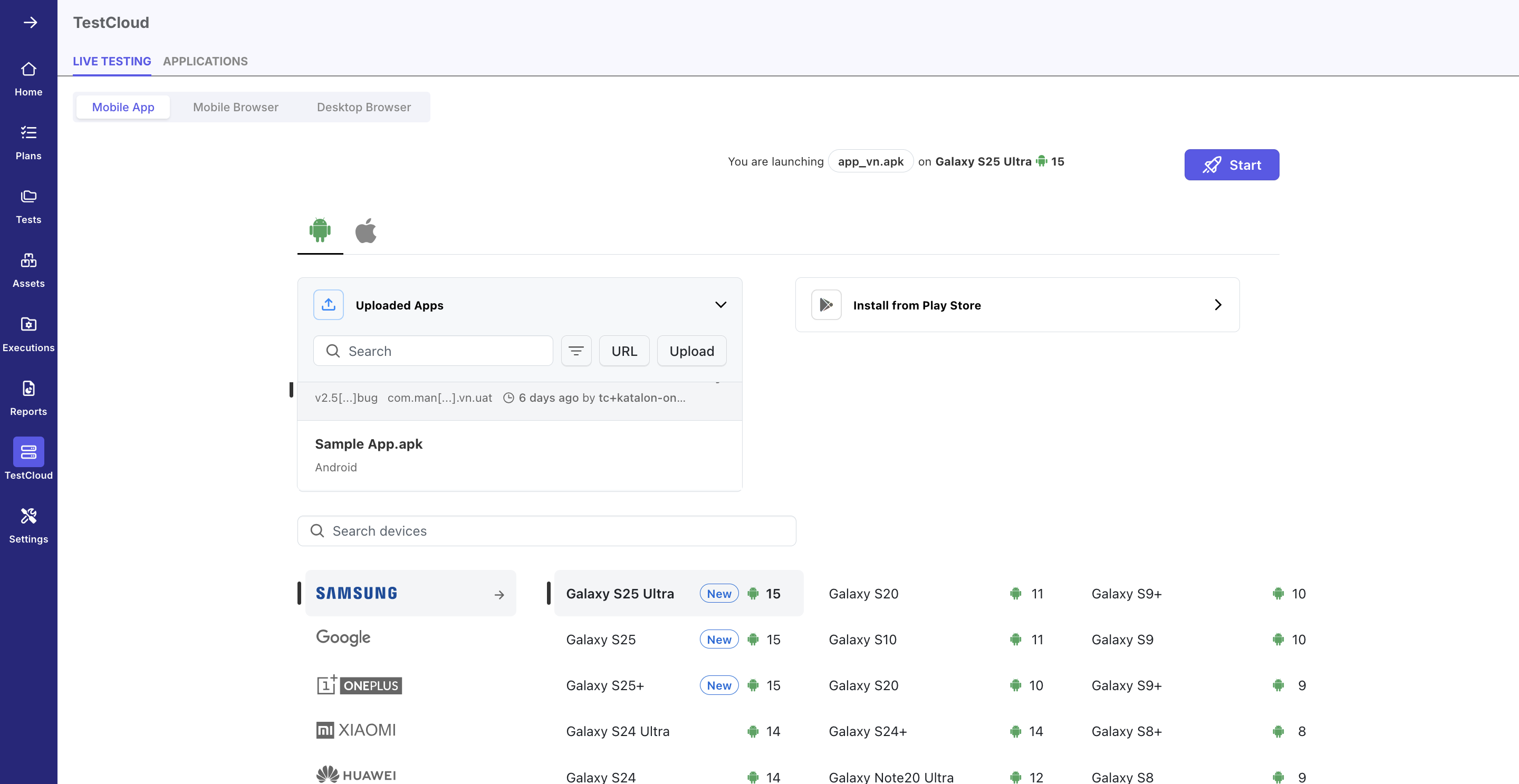 Live mobile app configuration page