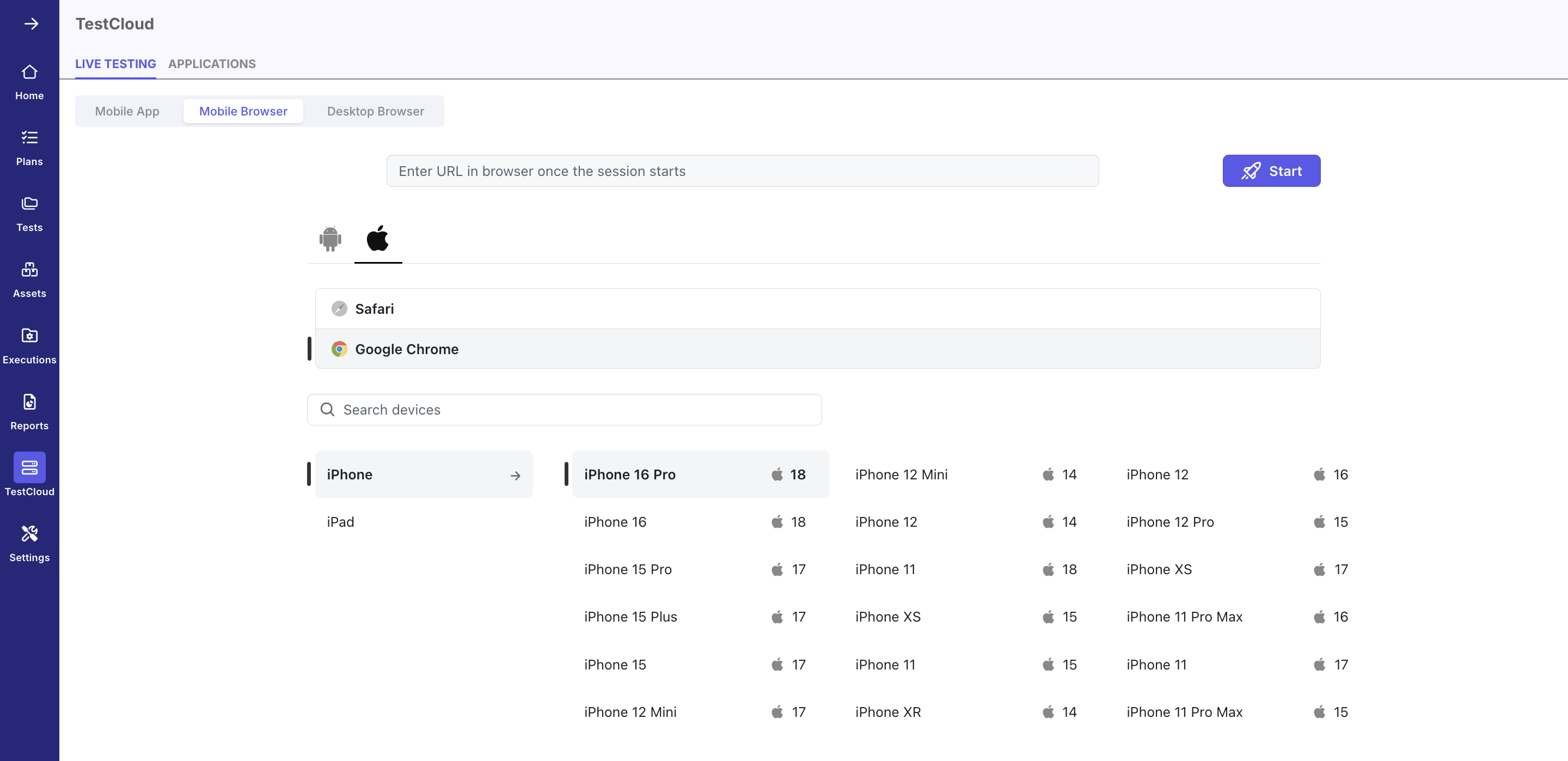 Live mobile browser test configuration page