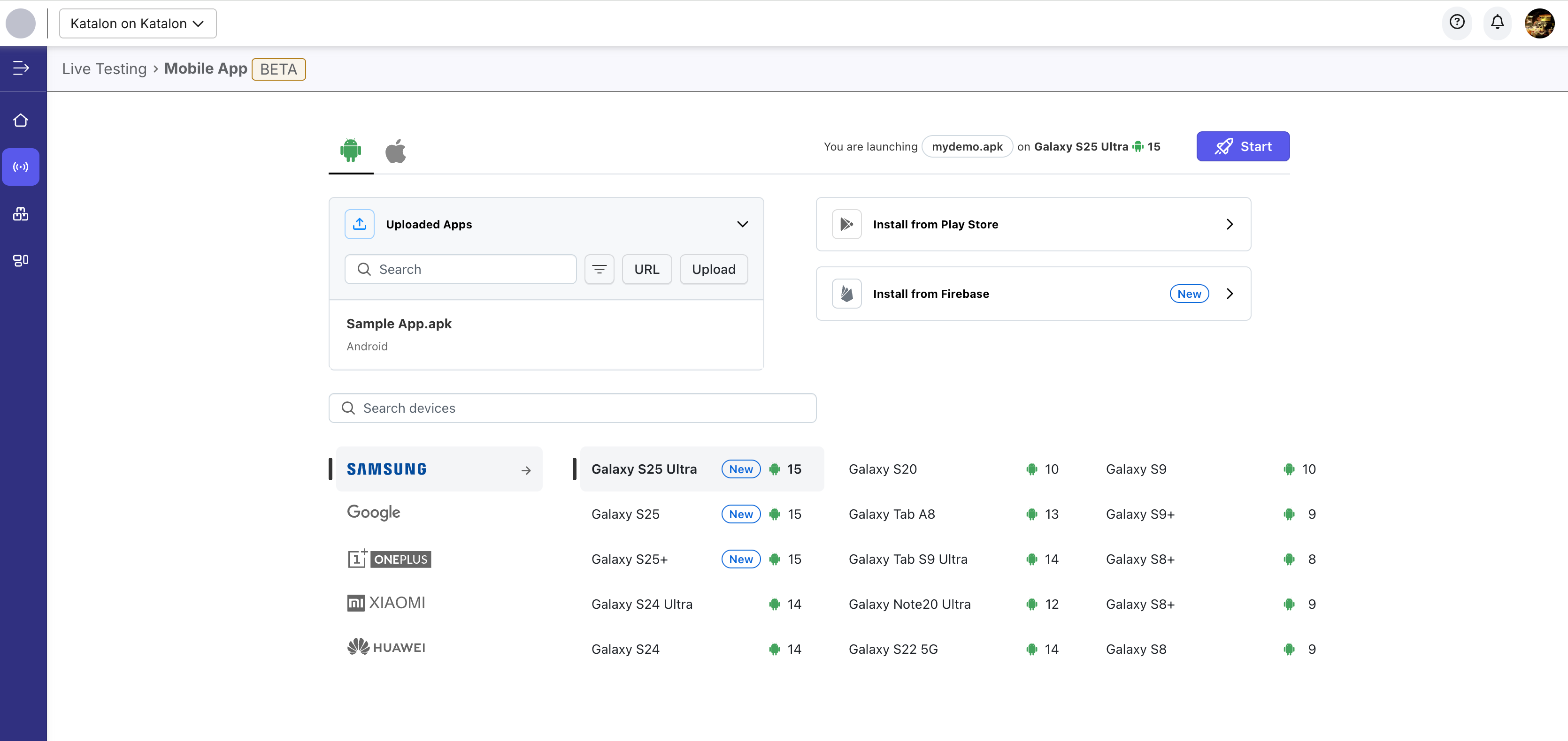 Live mobile app test configuration page