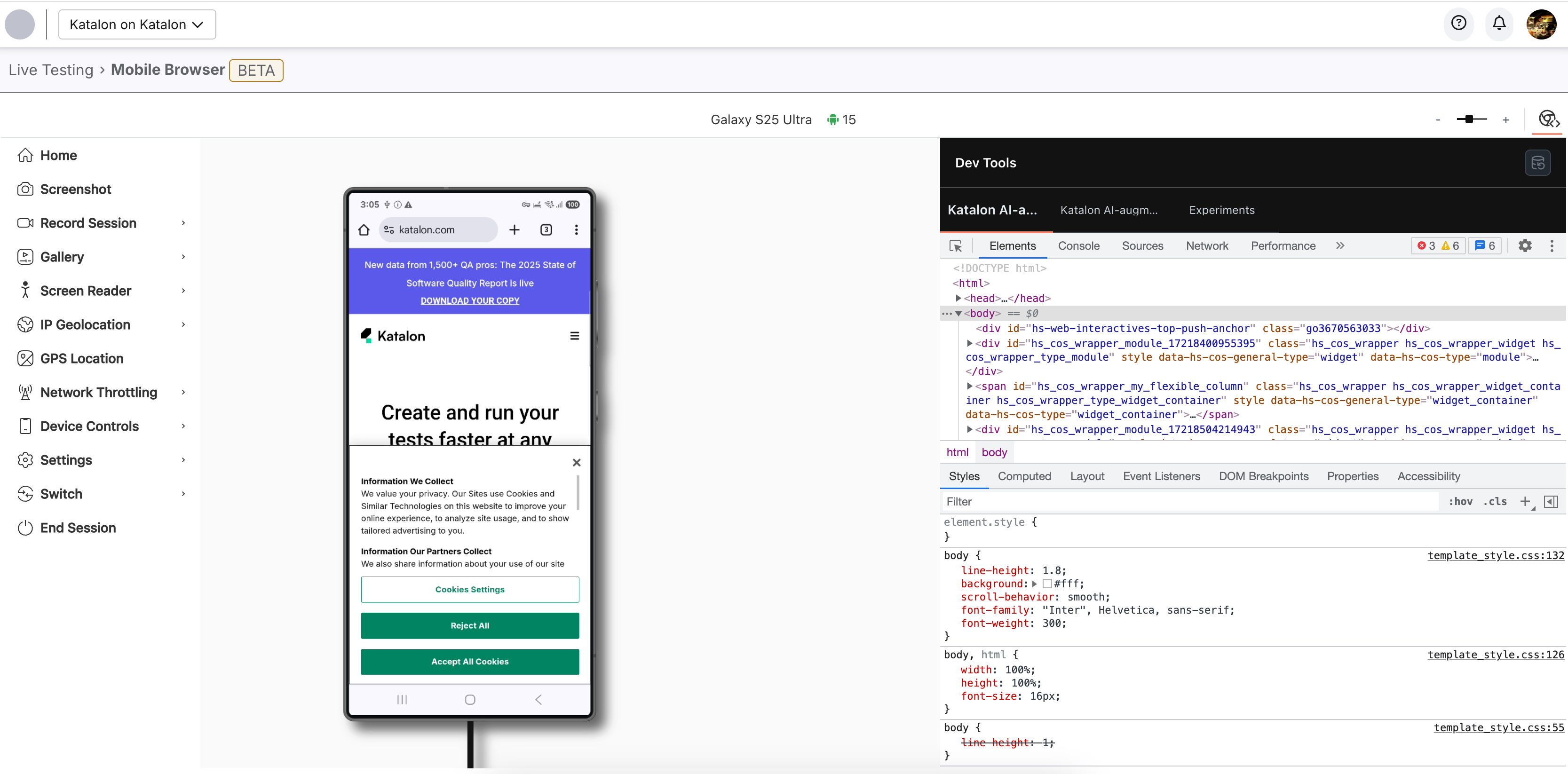 Live mobile browser test screen