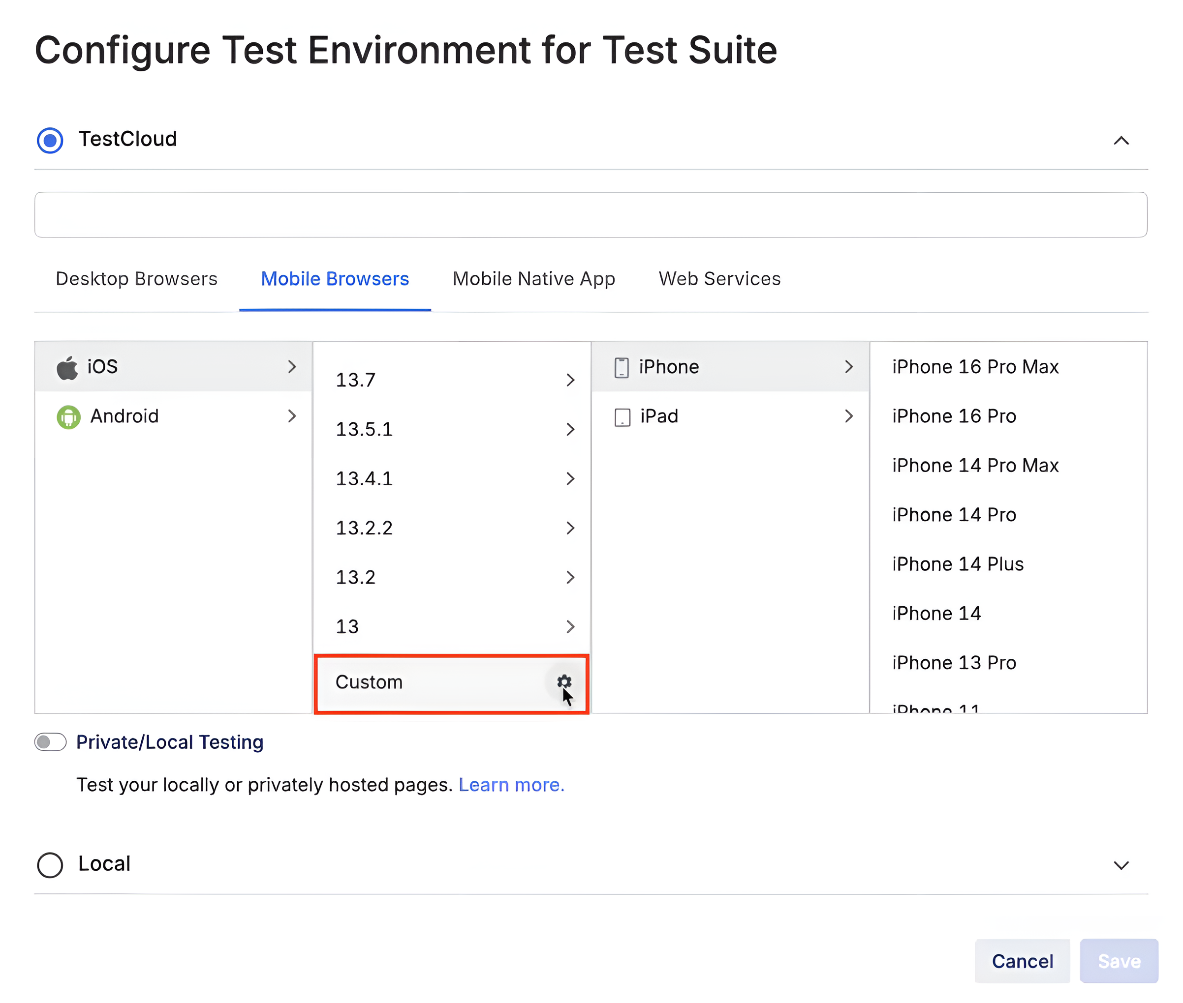 Select custom settings