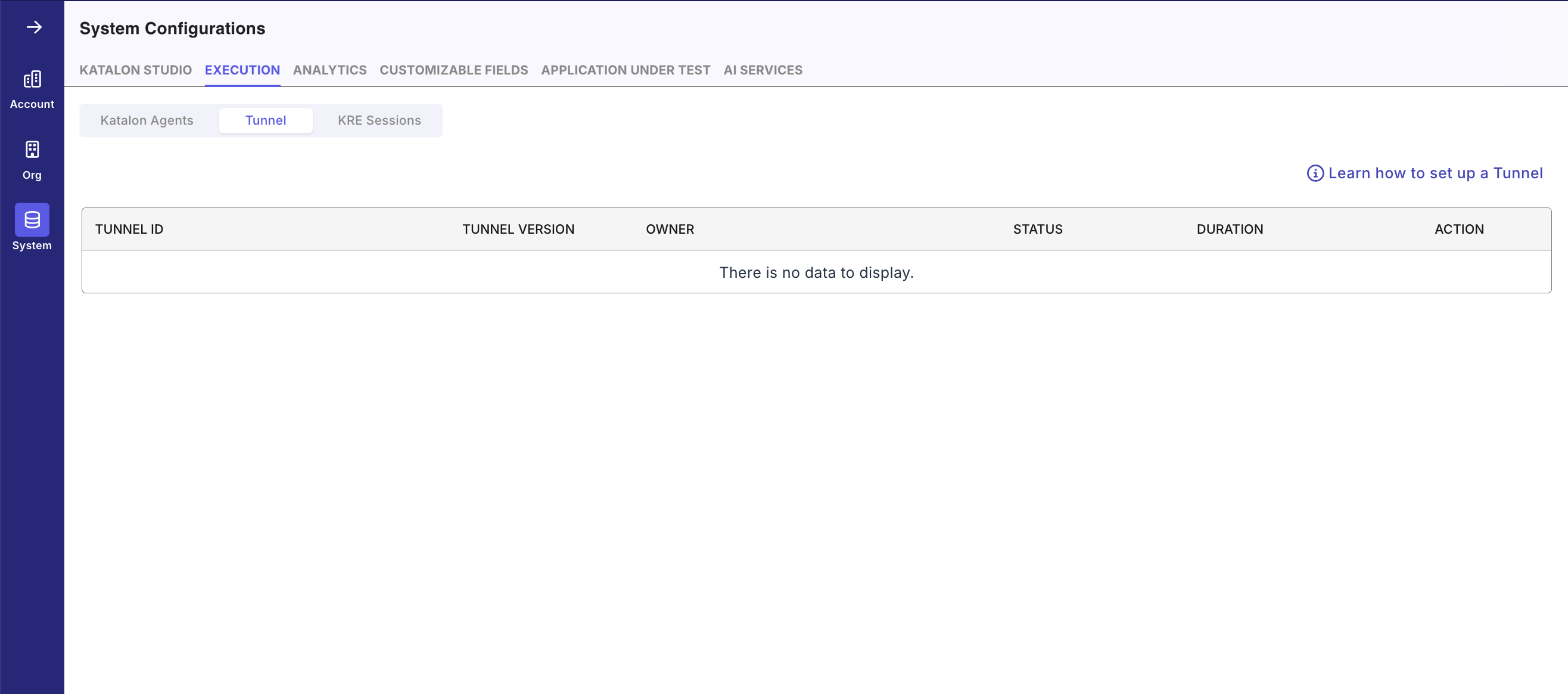 Tunnel management page in TestOps