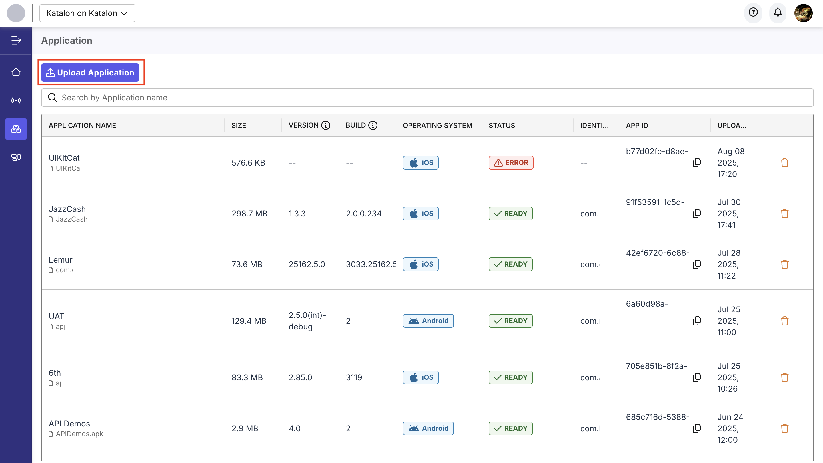 Upload application screen