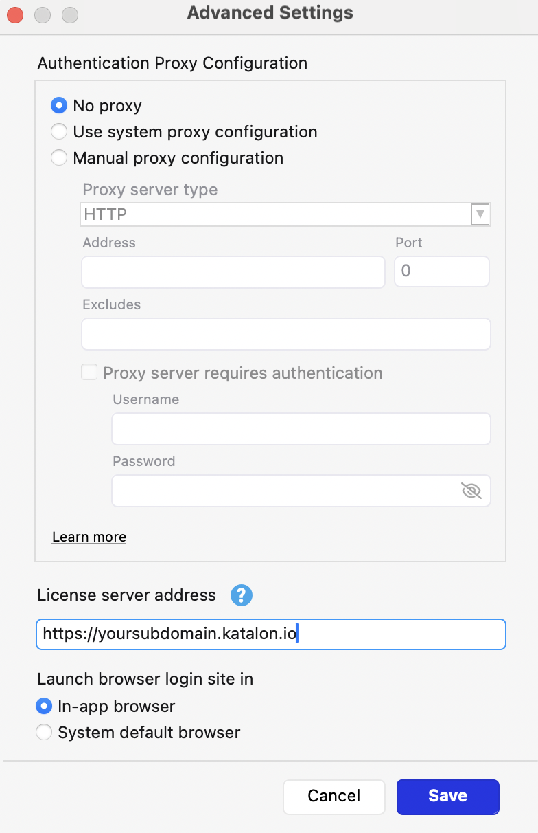 Advanced settings in login dialog
