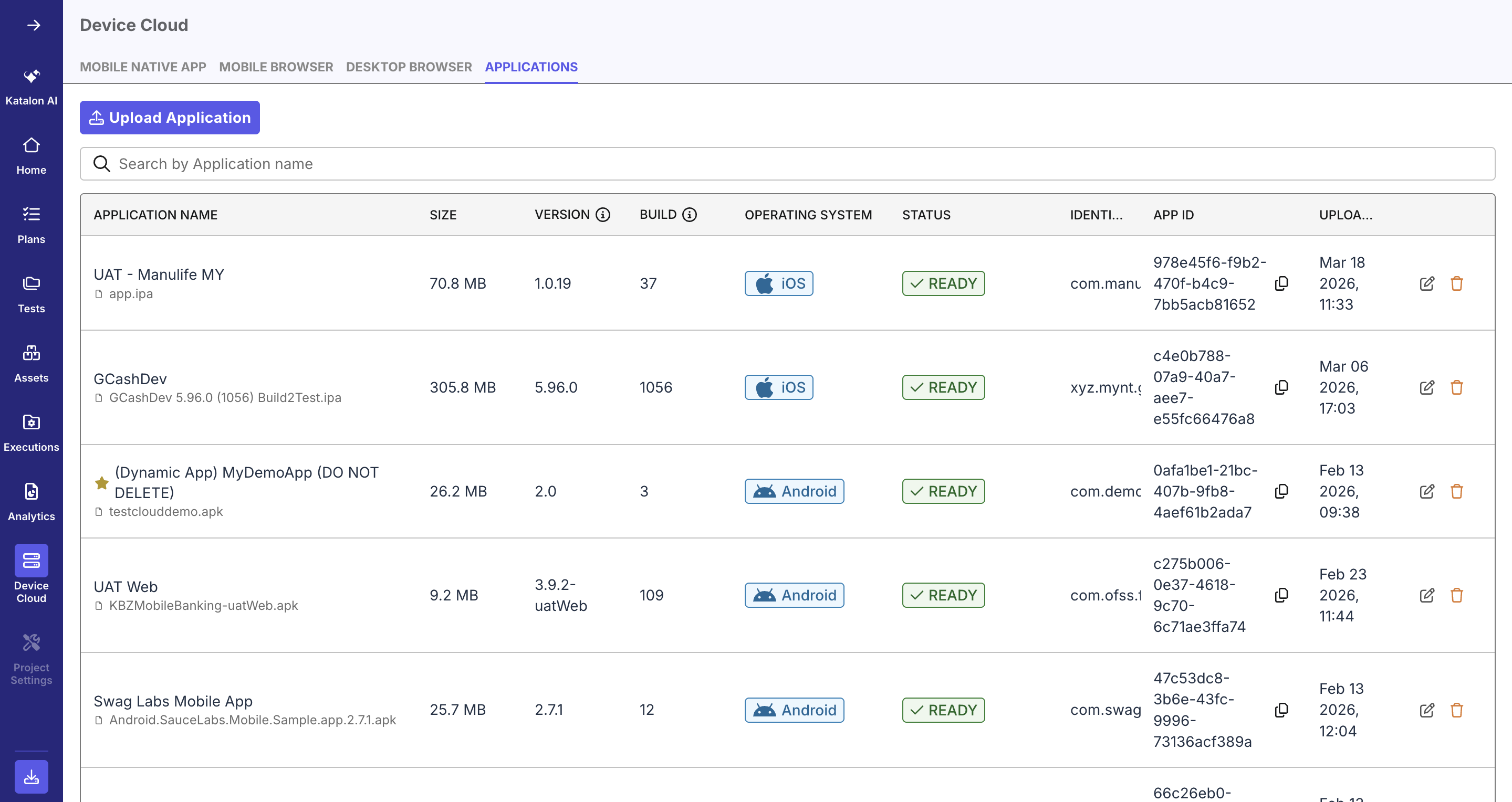 Upload application screen