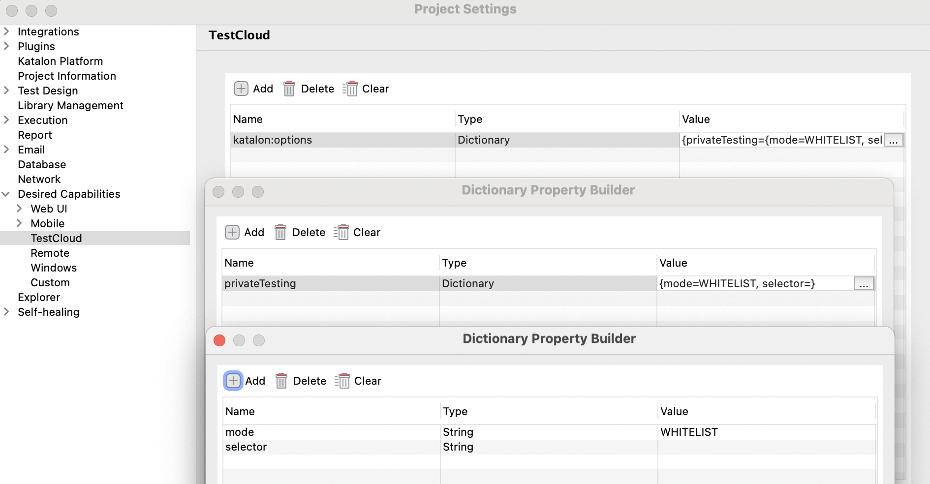 Set whitelist mode in desired cap settings