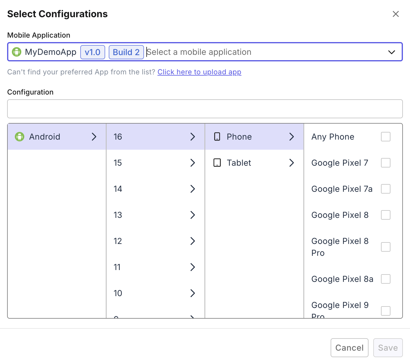 Mobile app configuration