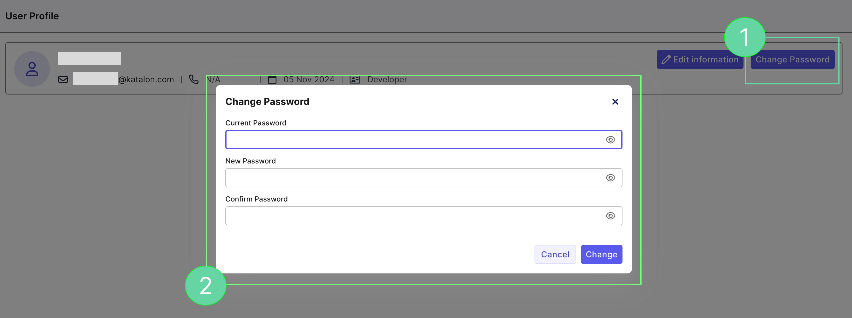 Change Password dialog in User Profile on Katalon TestOps