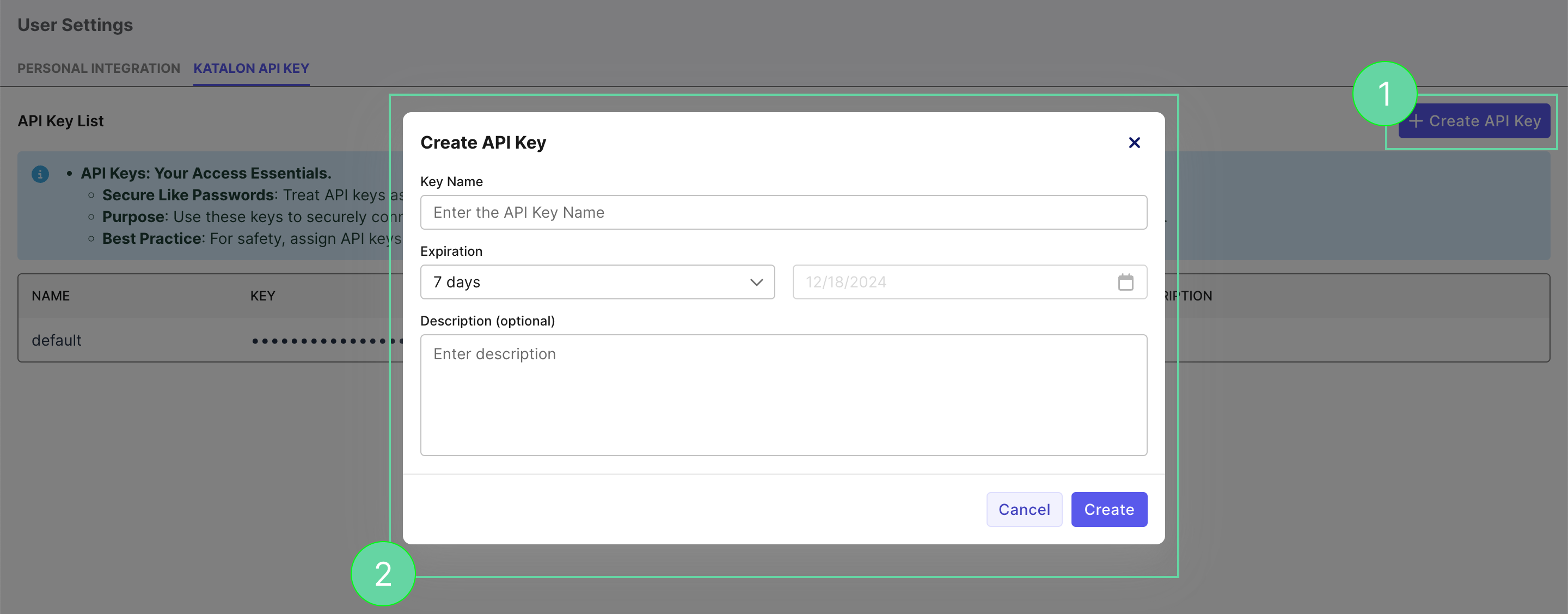 Create API Key dialog in User Settings on Katalon TestOps