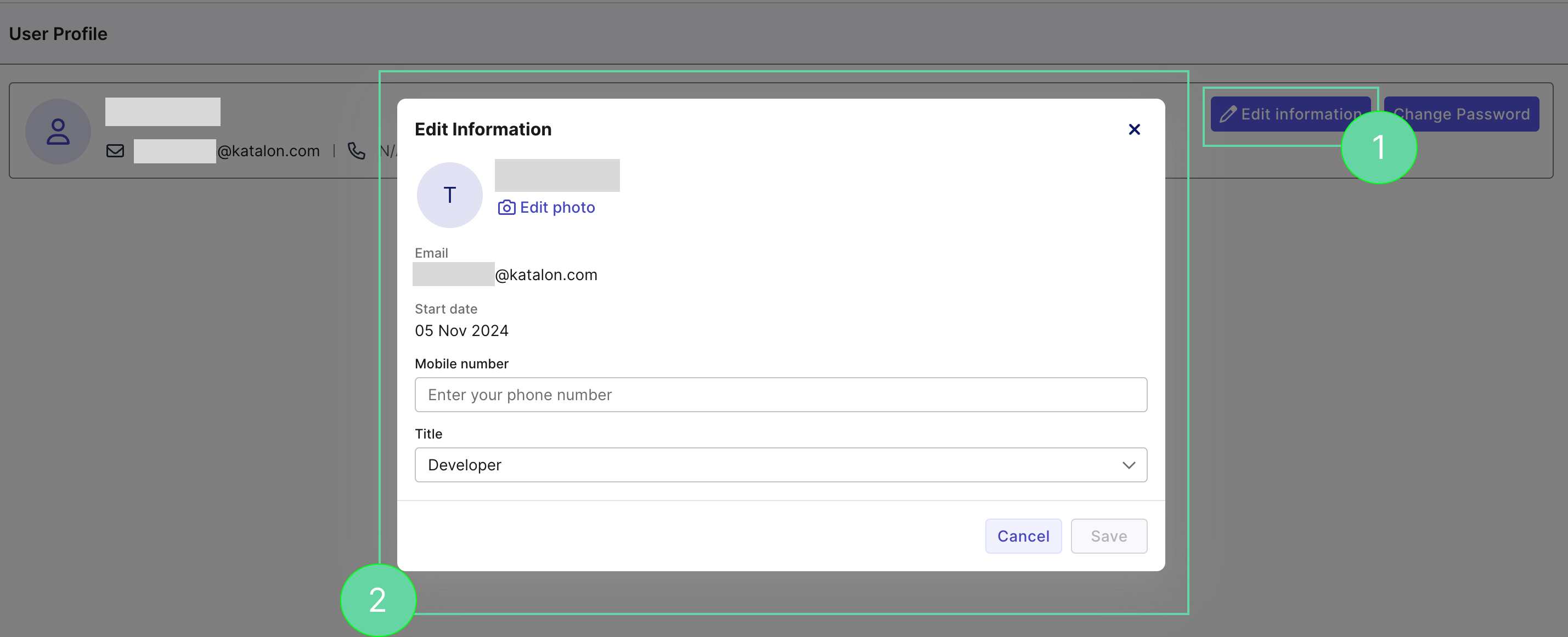 Edit Information dialog in User Profile on Katalon TestOps