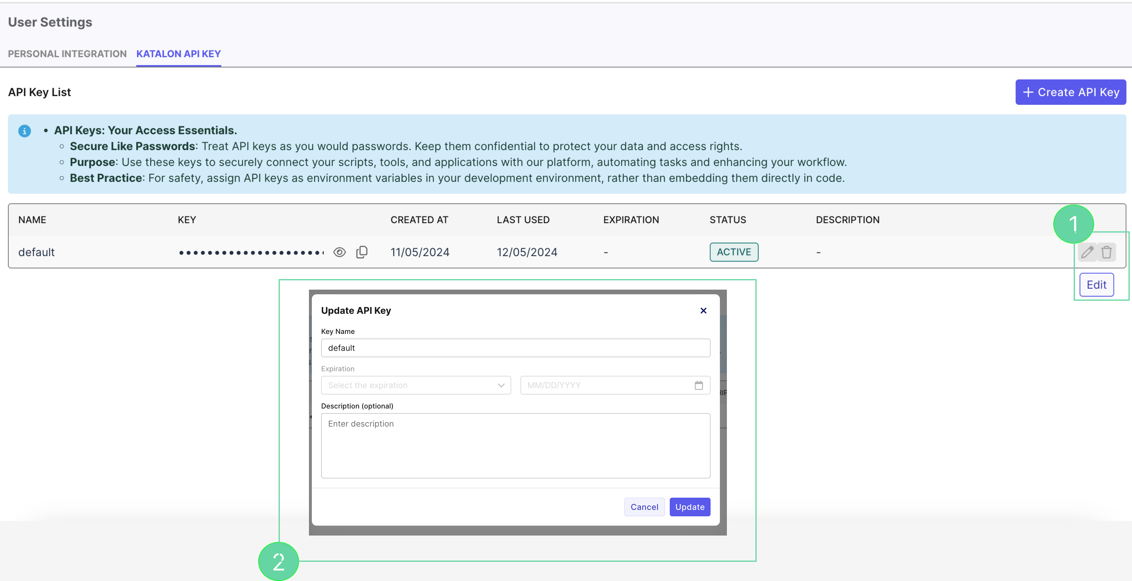 Modify or delete an API key dialog in User Settings on Katalon TestOps