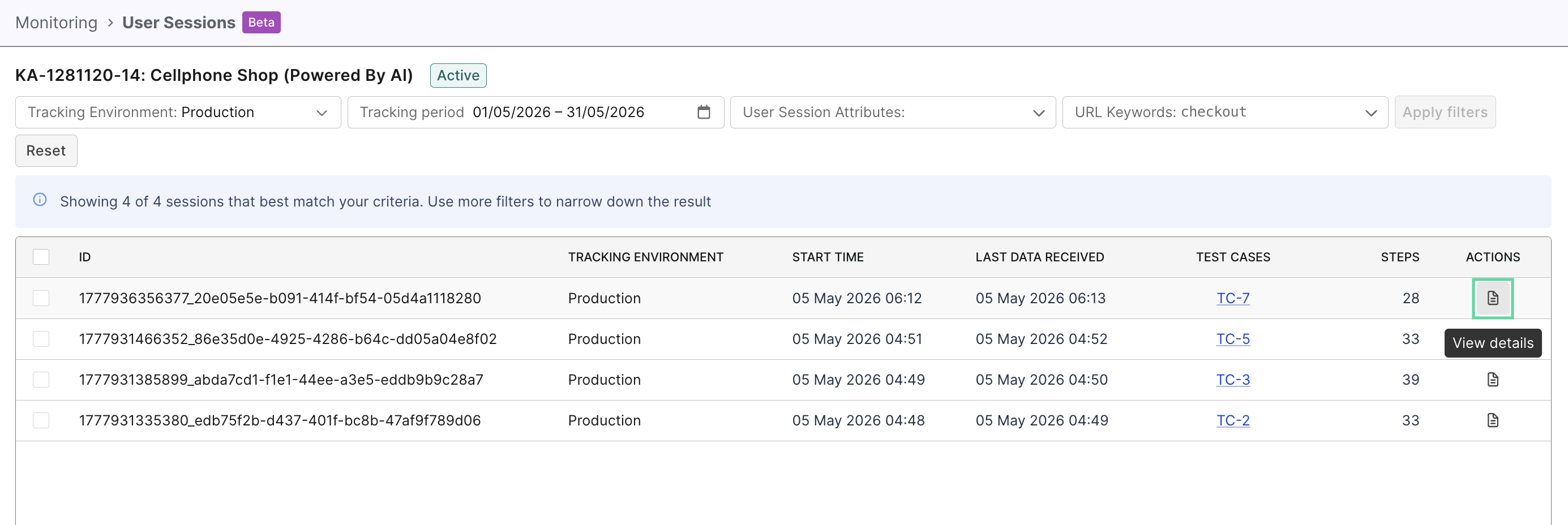 Click the View details button of a user session